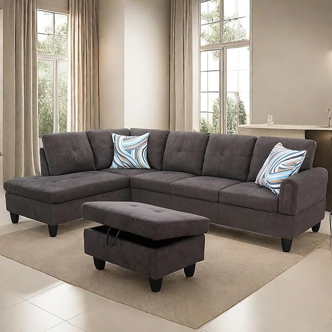 L Shaped Sectional Couches Modern Convertible Lounge Sofa with Ottoman Storage Comfy Modular Sectional Sofa for Living Room Furniture Sets Small Spaces Bedroom Coffee