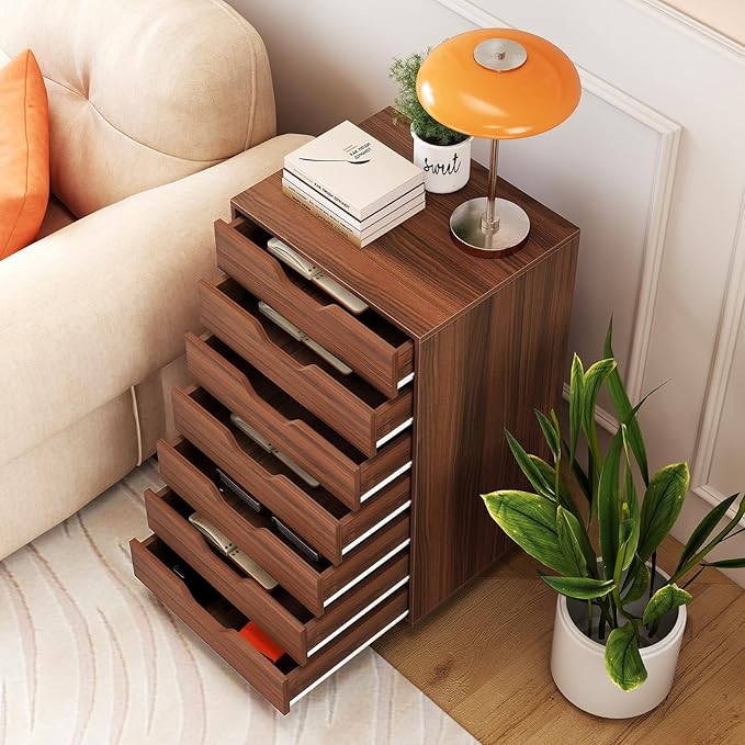 7 Drawers Filing Cabinet Vertical File Cabinet for Home Office Mobile Under Desk Office Storage Cabinets with Wheels (Walnut)