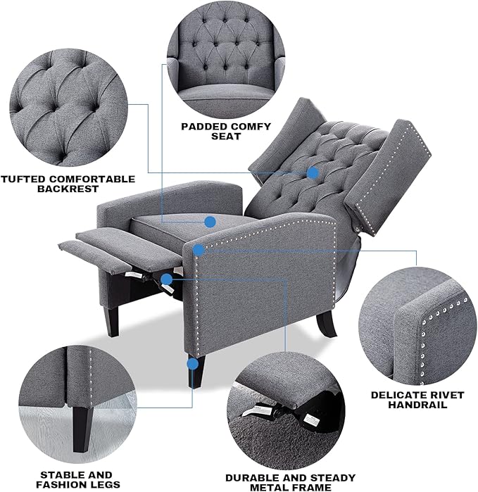 Grey Mid Century Modern Recliner Wingback Accent Chair with Push Back Mechanism Button Tufted Fabric Sofa &amp Nailhead Trim - Comfy Living Room Seating for Home Theater Office