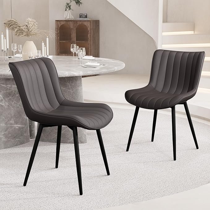 YOUNUOKE Dining Chairs Set of 2 Upholstered Mid Century Modern Kitchen Chair Comfortable Armless Faux Leather Accent Chair with Metal Legs for Guest Waiting Reception Living Room Dark Brown