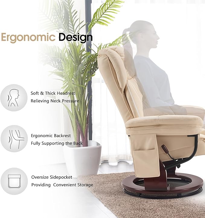MCombo Swivel Recliners with Ottoman Vibration Massage TV Chairs with Side Pocket Faux Leather Ergonomic Lounge Chair for Living Room Bedroom 4734 (Cream White)