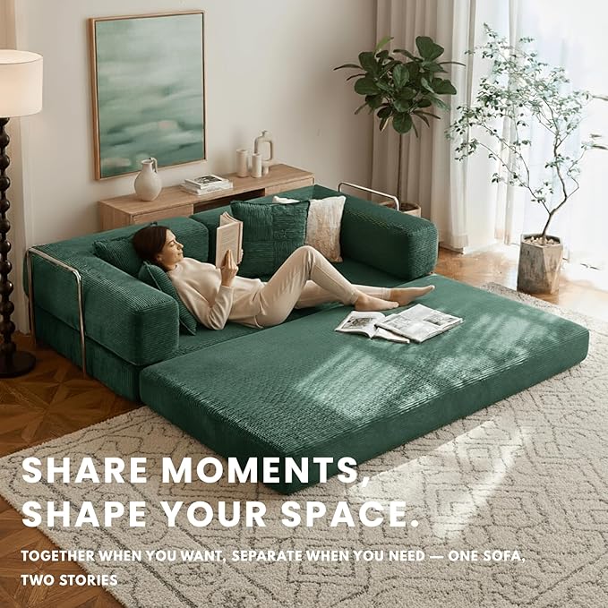 Alpen 77 Futon Sofa Floor Foldable Sofa Couch Bed Queen with L-Shaped Armrests Futon Bed with Mattress Included Fold Out Comfy Lounge for Living Room Bedroom Dark Green