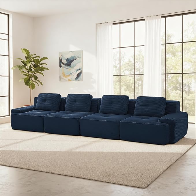 Casaphoria 150'' Blue Corduroy Cloud Couch 4-Seater Boneless Sectional Sofa with 4 Pillows for Living Room Deep Seat Sofa No Assembly Required