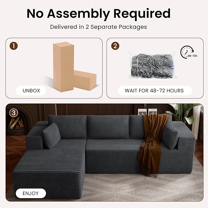 106 Cloud Sectional Boneless Couches for Living Room Modular L Shaped Couch with Deep Seat Oversized Left Facing Chaise Memory Foam Compressed Spineless 3 Seater Sofa for Bedroom Apartment Grey