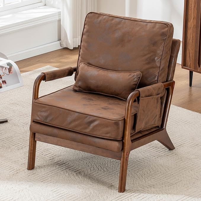 Mid Century Modern Accent Chair with Triangular Raising PadUpholstered Armchair with Solid Wood Frame &amp Soft Cushion for Living RoomBedroomBelconySunroomBrown