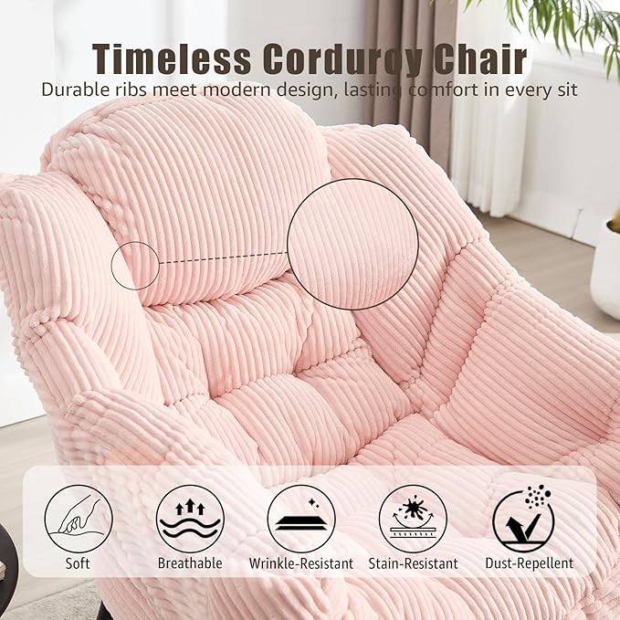 Large Lazy Chair and Ottoman for Adults Accent Chair Oversized Lounge Armchair with Side Pocket &amp Footrest Comfy Reading Chair Leisure Sofa for Bedroom Living Room Office (Corduroy Pink Sing
