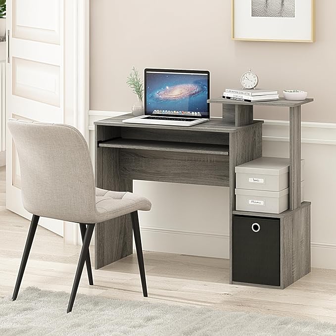 Furinno ECON Desk 40 Wide Gaming Desk with Keyboard Tray Computer Desk Office Desk with Side Shelves and Storage Bin for Home Office Grey Oak