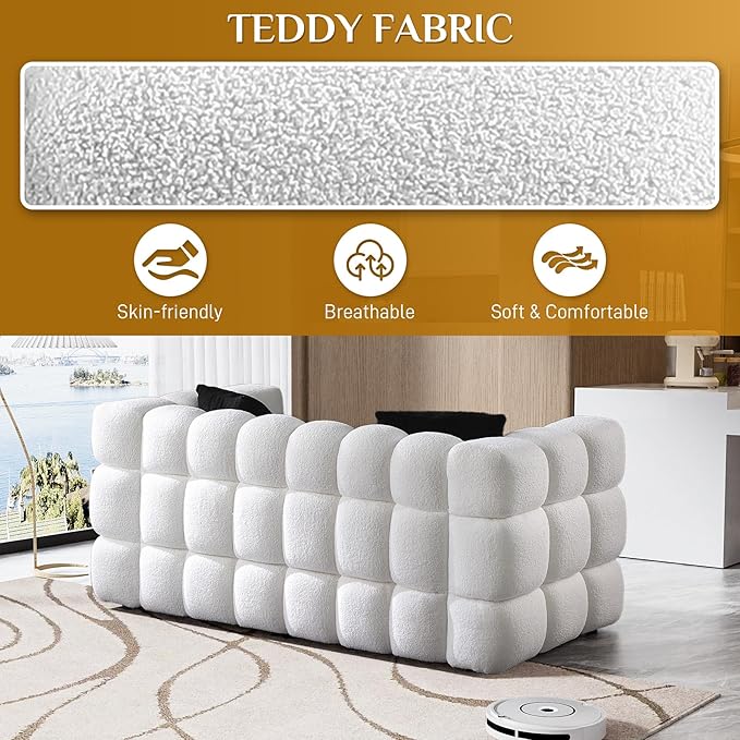 Boucle Sofa Couch 62.2 Comfy Upholstered Sherpa Loveseat Cozy Tufted 2-Seater Cloud Deep Seat Couch Small Modern Love Seat with 2 Pillows for Living Room Apartment Bedroom White