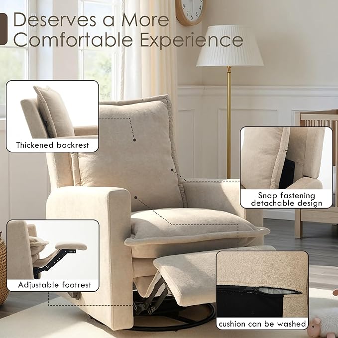 Nursery Glider Recliner Rocking Chair Modern Adult Nursery Recliner High Back Nursery Swivel Rocker Recliner for Nursery Living Room Bedroom and RV