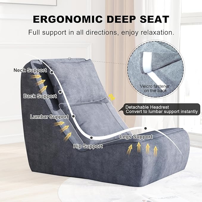 Giant Bean Bag Chair for Adults - Indoor Chaise Lounge with Neck Pillow &amp Ottoman All-in-One Sponge Design Comfy Floor Chair for Reading Gaming Napping and Movies (SlateGray)