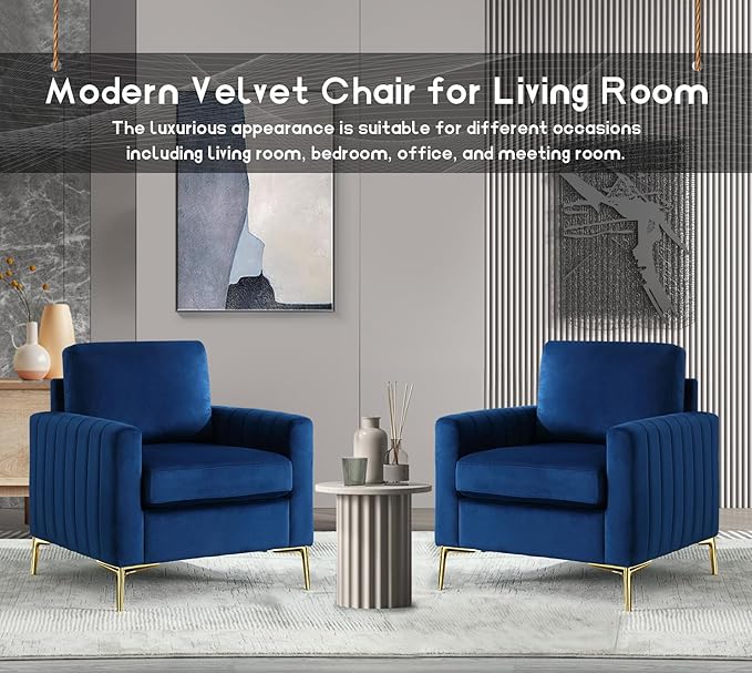 Modern Velvet Accent Chair Comfy Living Room Armchair with Thick Cushion Upholstered Reading Armchair Mid Century Sofa Chair with Gold Legs Side Chair for Living Room Bedroom Office Club Blue