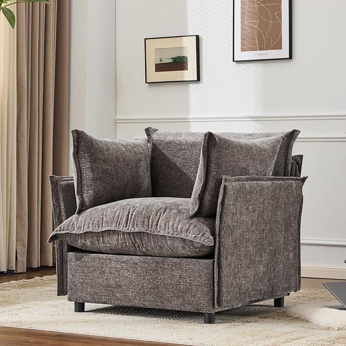 VINGLI Taupe Accent Chair 34 Width Oversized Reading Chair Upholstered Armchair Soft Chenille Fabric Living Room Chairs Sofa for Adults Bedroom Home Office Play Room