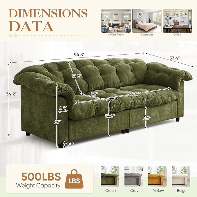Modern Sofa Couch 94.8 W Chenille Tufted Fluffy Comfy Cloud Couch with Tutfted Design &amp Armrest Pillowchenilles Upholstered Oversized Loveseat Sofa for Living Room Bedroom Office Green
