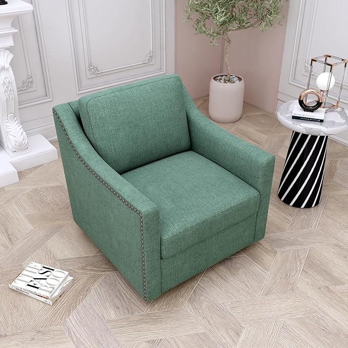 Upholstered Swivel Barrel Chair 31 Wide Modern Fabric Ergonomics Single Sofa Chair Living Room Bedroom Accent Chair Comfy Club Swivel Chair (Cotton Linen Blackish Green)
