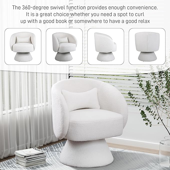 Swivel Barrel Chair Set of 2 Upholstered Swivel Cuddle Accent Chairs for Living Room Comfy 360°Small Round Boucle Sherpa Barrel Armchair for Bedroom Nursery (White Teddy)