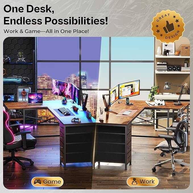 Huuger 55 Inch L Shaped Desk with Fabric Drawers Reversible Computer Gaming Desk with Power Outlets and USB-C Port Adjustable Side Storage Shelves for Work Study Corner Home Office Rustic Brown