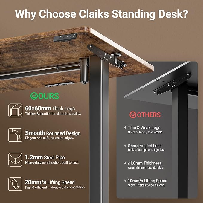 Claiks Electric Standing Desk Adjustable Height Stand up Desk 24x48 Inches Sit Stand Home Office Desk with Splice Board Black Frame/Rustic Brown Top
