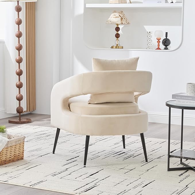 Mid Century Modern Accent Armchair - Velvet Upholstery with Removable CushionRound Arms &amp Sturdy Metal LegsComfortable Reading Chair for Living RoomBedroomApartment - Beige FabricBlack Legs