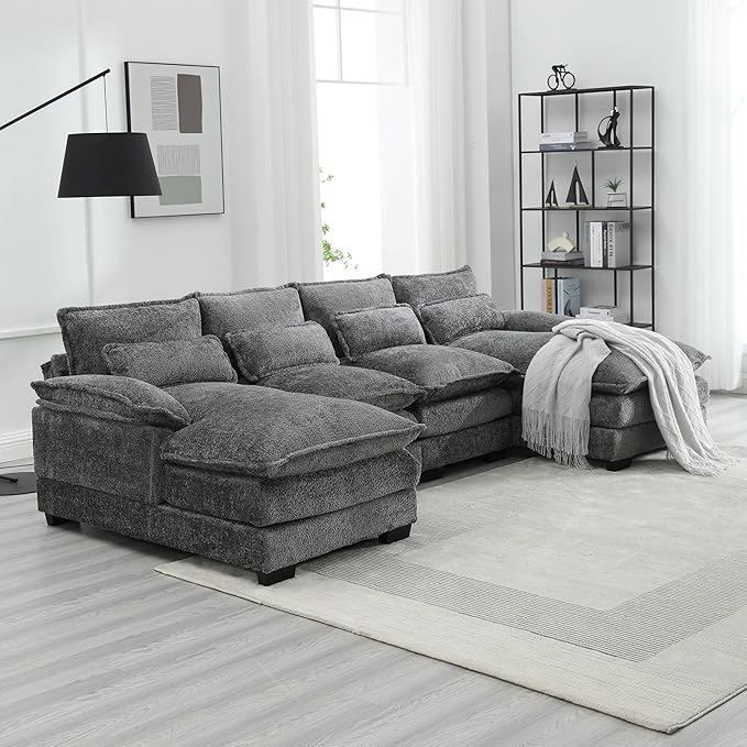 QQU 110.63 W U-Shape Modern Sectional Sofa Couch with Plastic Leg Upholstery Chenille Modular Sectional Sofa Bed with Memory Foam Large Sleeper Couch Chaise Lounges for Living Room(A-Grey)