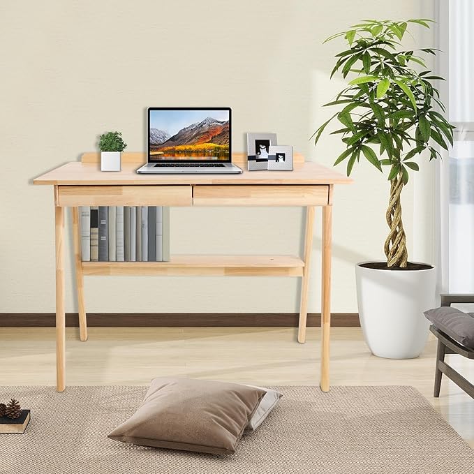 Eapmic Solid Wood Writing Desk Computer Table Study Desk with Drawers Small Space Home Office Workstation Freestanding Wooden Study Table for Bedroom Apartment Dorm Minimalist Design (BurlywoodB)