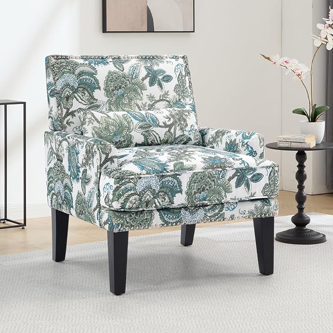 ANJ Floral Accent Chair with Lumbar PillowUpholstered Wingback Reading Armchair with Nailhead Trim Mid-Century Single Sofa Chair for Living Room Bedroom Green Floral