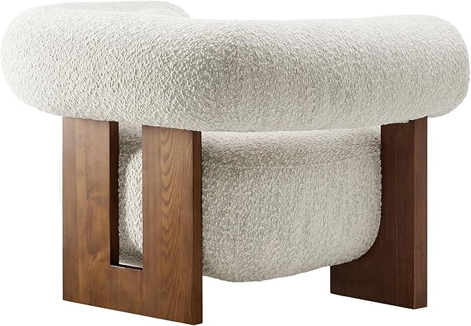 Modway Jace Boucle Fabric Accent Chair in Pearl - Upholstered Barrel Chair with Pillow - Comfy Lounge Armchair with Curved Back and Wood Legs - Soft Teddy Club Chair for Living Room or Bedroom