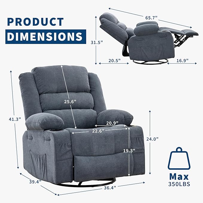 360° Swivel Recliner Chair for Adult Linen Rocker Chair with 3 Positions/2 Side Pockets/Cup Holders Manual Nursery Glider Rocking Chair for Bedroom Living Room Office