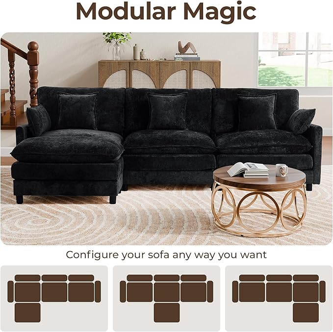 113'' L Shaped Cloud Couch 4-Seater Modular Sectional Sofa with Double Layer Upholstered Seat Cushion Chenille Deep Seat Couches with Ottoman &amp Pillows for Living Room &amp Apartment Black