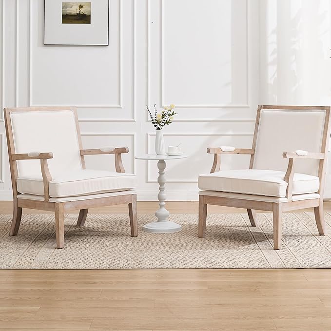 Modern Farmhouse Accent Chairs Set of 2 Wide Upholstered Living Room Chairs with Armrest Pads Coastal French Country Wooden Armchairs for Bedroom Guest Room Beige Linen Fabric