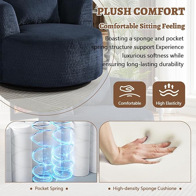 39.4 Wide Swivel Accent Chair Modern 360° Rotating Barrel Chair with Metal Base Club Single Sofa Chenille Armchair for Living Room Bedroom Reading Room Office (Dark Blue)