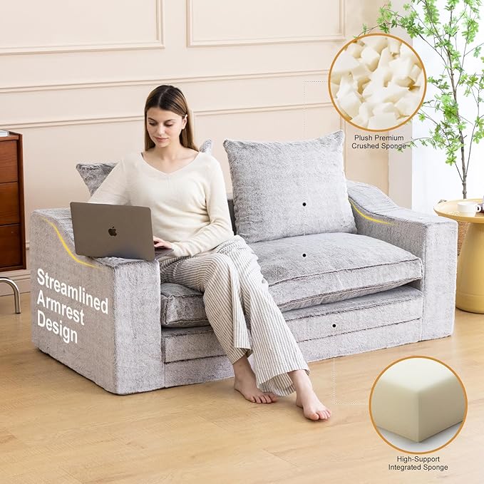 Loveseat Oversized Folding Sofa Bed Convertible Sleeper Chair Bed with Pillows &amp Wide Armrest Comfortable Floor Couch for Living Room &amp Bedroom(Fur Coffee) | Foldable