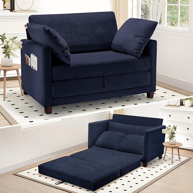51 Convertible Sofa Bed 2 in1 Folding Sofa Bed Loveseat Sleeper Sofa for Small Spaces Fold Out Floor Couch with 2 Pillows for Apartment Living Room &amp Guest Room Deep Blue Chenille Fabric