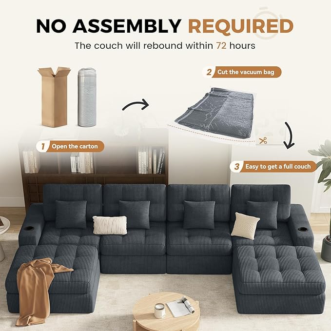 144 U Shaped Cloud Boneless CouchModern Modular Sectional Sofa with Layered CushionNo Assembly Convertible Corduroy Couches for Living RoomGrey 1 PCS