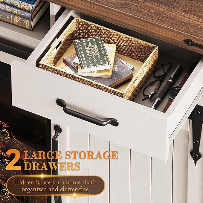 Fireplace TV Stand for TVs up to 65 Electric Fireplace with 3D Flame Farmhouse LED Light Entertainment Center TV Console with with 2 Drawers Sliding Barn Door for Living Room - White