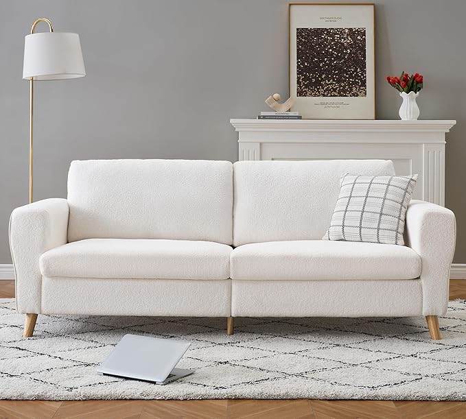 GarveeHome 84 in Sofa Couch Large Loveseat Sofa with Wide Armrests Deep Seats &amp Wood Feet 3 Seater Modern Boucle Sofa Comfy Couches for Living Room Bathroom Small Spaces White