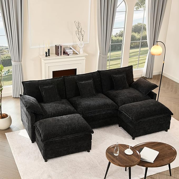 108 U Shaped Couch Modular Sectional Sofa 3-Seater Comfy Cloud Couch Set of Modular Pieces with Movable Ottoman Deep Seat Couches for Living Room Chenille Black