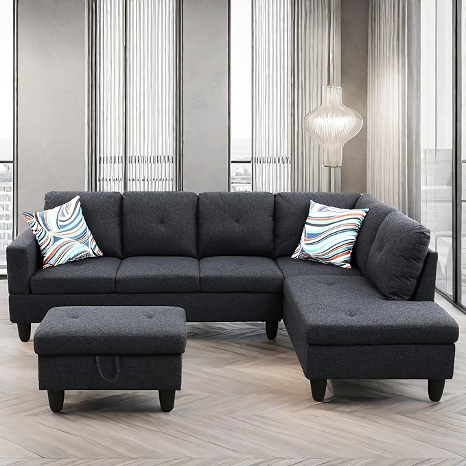 L Shaped Sectional Couch with Ottoman Modern Lounge Modular Sectional Sofa with Storage L Shaped Couch for Living Room Bedroom Dark Grey