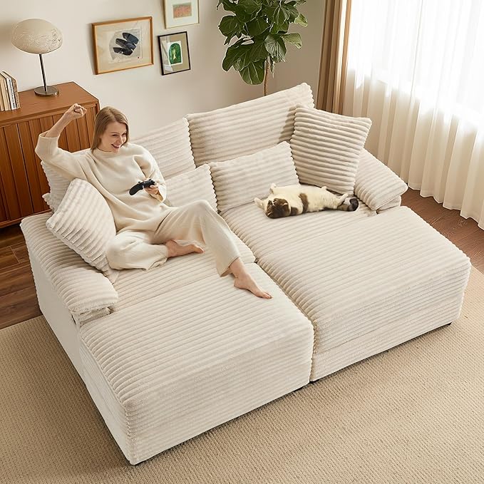 SUNWAVE 74 W Double Chaise Lounge Chair Indoor Oversized Loveseat with Storage Ottoman Corduroy Couch with USB Charging Removable Ottoman and Coffee Table Cushions for Living Room Bedroom