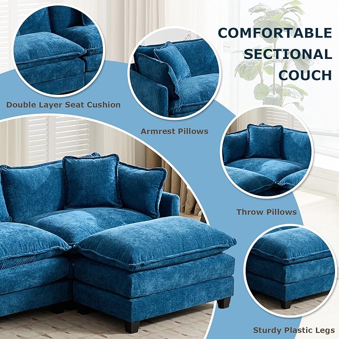 SoarFlash Chenille 77.95 Sectional Sofa Comfy L Shaped Modular Coush Sofa with Ottoman Modern 2 Seat Couch Deep Seat Sofa Set for Living RoomBlue