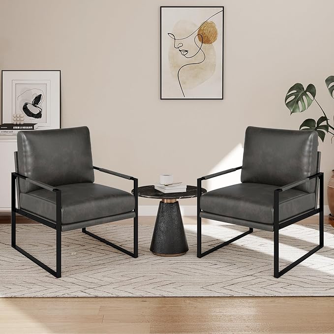 CANMOV Mid Century Modern Accent Chair Set of 2 Breathable PU Leather Armchair with Removable Cushion Comfy Living Room Chairs with Sturdy Metal FrameThicker Backrest for Living RoomDark Grey
