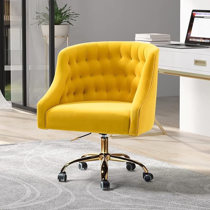 Velvet Home Office Chair with Gold Base Comfortable Modern Cute Desk Chair Adjustable Swivel Task Chair for Living Room Bedroom Vanity Study Yellow