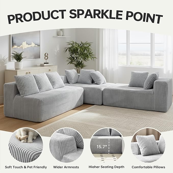 130 Boneless Couch Cloud Couch Sectional Corduroy Sofa for Living Room U Shaped Modular Sofa with Chaise No Assembly 4 Seats Oversized (Grey)