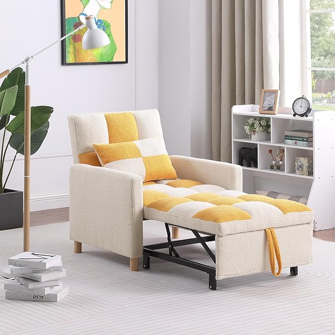 Convertible Sleeper Sofa Chair Bed3-in-1 Sleeper Chair Bed with PillowPull Out Single Armchair Sofa Bed with Adjustable Backrest Multi-Functiona Lounge Chair for Living Room (Yellow)
