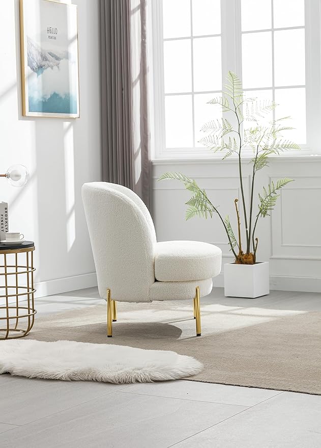 28.4 W Accent Chair Upholstered Curved Backrest Reading Chair Single Sofa Leisure Club Chair with Golden Adjustable Legs for Living Room Bedroom Dorm RoomIvory Boucle