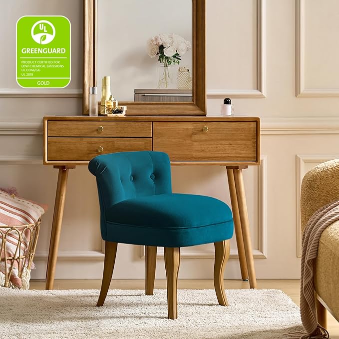 HULALA HOME Velvet Vanity Chairs with Low Back Modern Small Vanity Stool with Solid Wood Legs Upholstered Tufted Makeup Chair for Bedroom Living Room Dressing Women Girls Set of 2 Teal