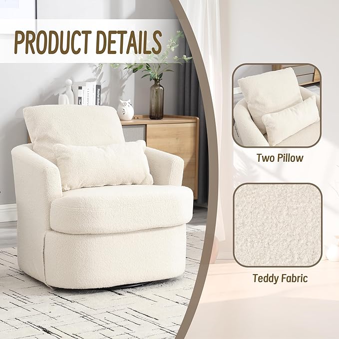 Swivel Barrel Chair Comfy Round Accent Sofa Chair for Living Room 360 Degree Swivel Barrel Club Chair Leisure Arm Chair for Nursery Hotel Bedroom Office Lounge (WhiteTeddy)