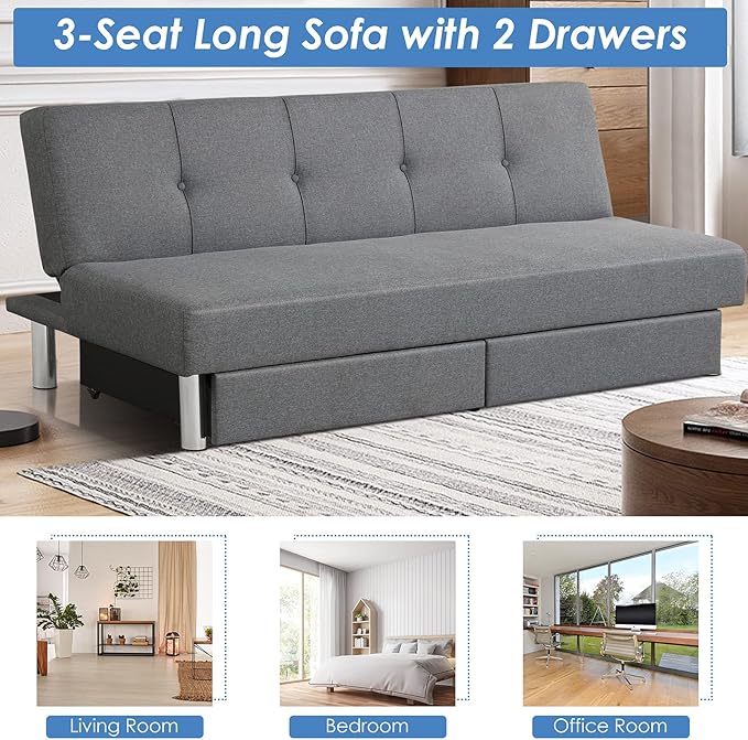 Giantex 3-Seat Convertible Sofa Bed Long Sofa Couch w/ 2 Large Drawers Ergonomic Sleeper w/ 3 Adjustable Angles Heavy Duty Sofa Bed for Living Room Bedroom Study Room &amp Office