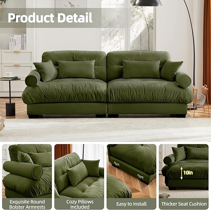Loveseat Sofa 93.7 Modular Sectional Sofa 2 Seater Modern Cloud Couch Oversized Sectional Couches for Living Room Comfy Velvet Sofas Deep Seat Couch with 4 Pillows for Apartment Green