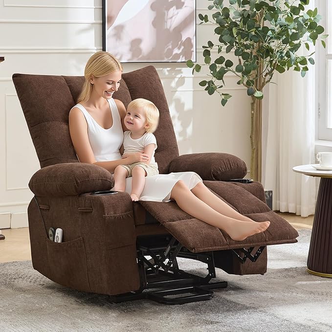 GarveeHome Power Lift Recliner Chair for Elderly with Massage and Heat Oversized Electric Massage &amp Heat Recliner with Soft Padded Upholstery Side Pocket &amp Cup Holders for Living Room Brown