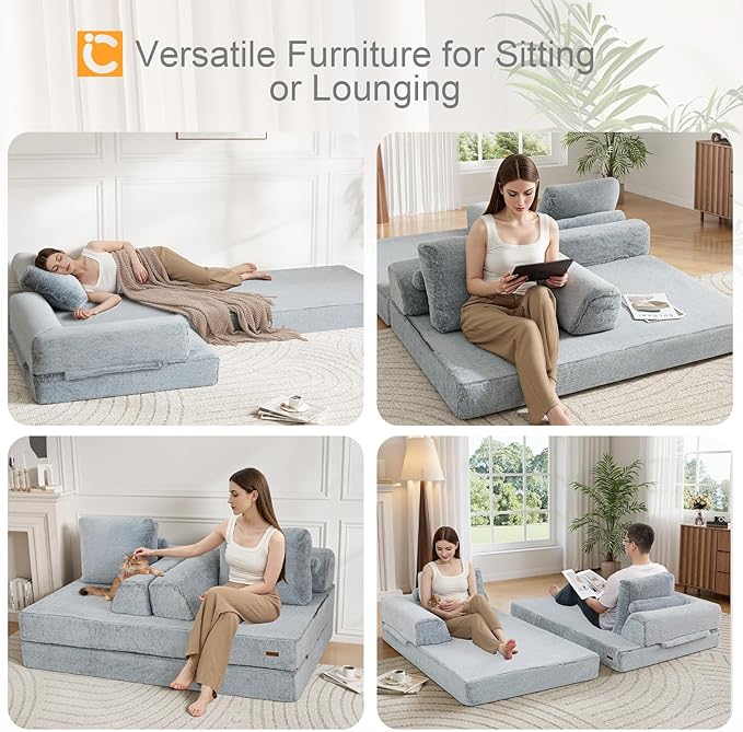COMAX Convertible Sofa Bed Folding Floor Couch Fold Out Couch Bed Futon Sleeper Mattress with Pillows Boneless Sofa Comfy Lounge Loveseat for Living Room Bedroom Snow Light Grey